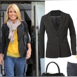 CAbi Pinstripe Black Fitted Blazer Jacket with Ruched Collar Size 6